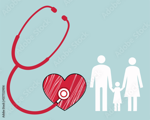 Family Healthcare Concept: Stethoscope, Heart, and Family Silhouette