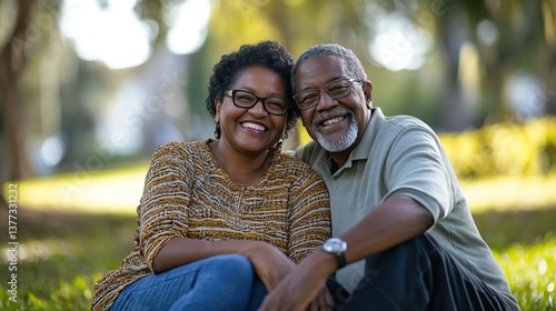 Joyful African American senior couple smiling for family portrait in sunny park, with blurred greenery creating serene atmosphere, radiating happiness together.