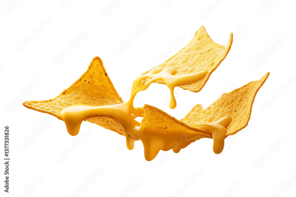 Fototapeta premium Tortilla Chips Drizzled with Melted Cheese, Suspended in Air