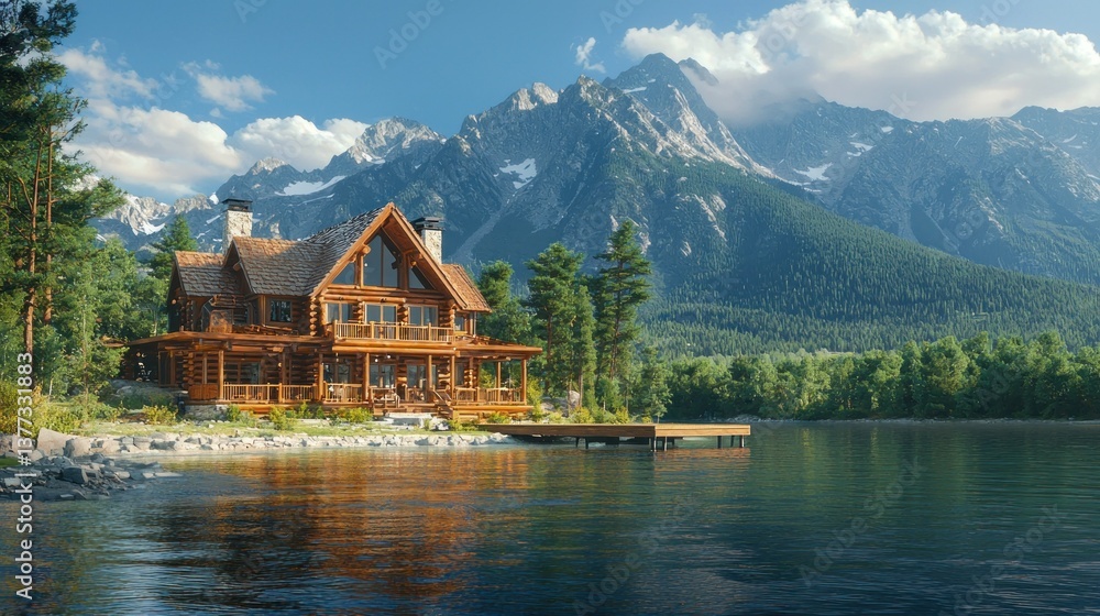 Naklejka premium Lakeside Log Cabin Home with Mountains