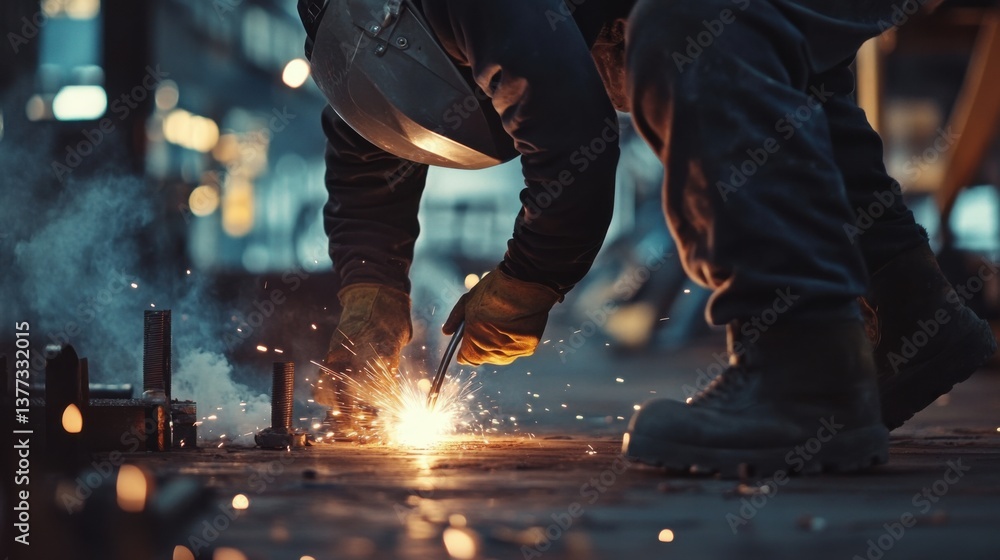 A construction worker welding metal joints at a construction site. Featuring skill and concentration A construction worker welding metal joints at a construction site. Featuring skill and concentration