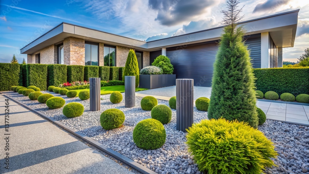 Obraz premium Modern Minimalist House Front Garden Panoramic - Stone Pillars, Hedge, Gravel, Public View