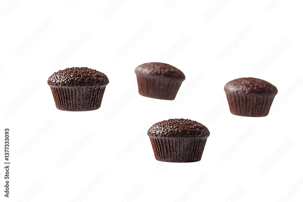 Miniature Chocolate Cupcakes: Four Dark Brown, Studio Shot Miniature Chocolate Cupcakes: Four Dark Brown, Studio Shot