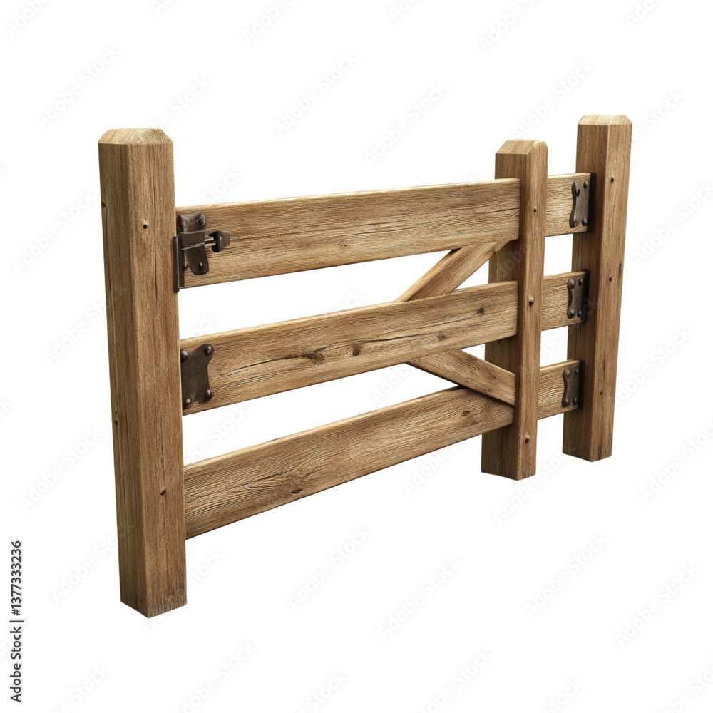 Wooden gate with rustic design and metal hinges, perfect for outdoor spaces Wooden gate with rustic design and metal hinges, perfect for outdoor spaces