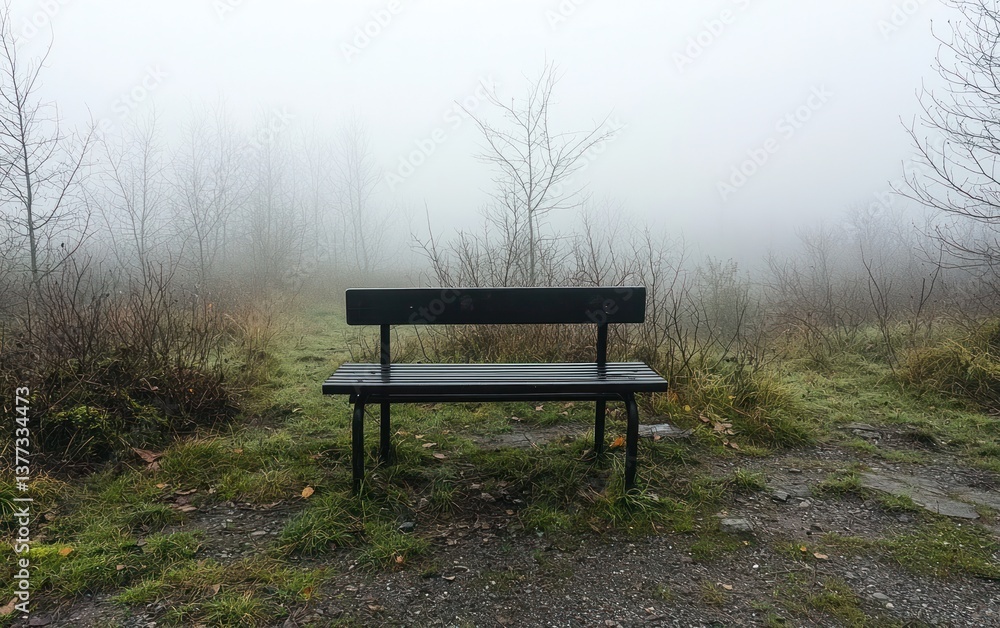Empty park bench in foggy autumn landscape. Dark wooden bench sits amidst low-lying vegetation. Mist creates moody atmosphere Empty park bench in foggy autumn landscape. Dark wooden bench sits amidst low-lying vegetation. Mist creates moody atmosphere