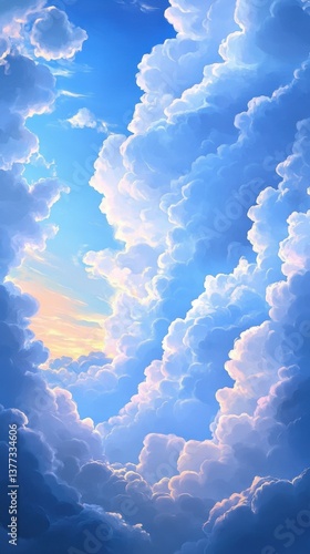 A dramatic sky with fluffy clouds illuminated by the sun