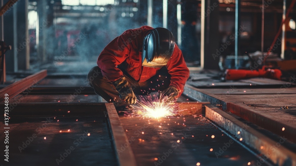 A construction worker welding steel beams on-site. Featuring skill and focus A construction worker welding steel beams on-site. Featuring skill and focus