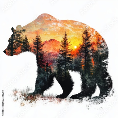 Bear silhouette with mountain sunset and forest landscape scene