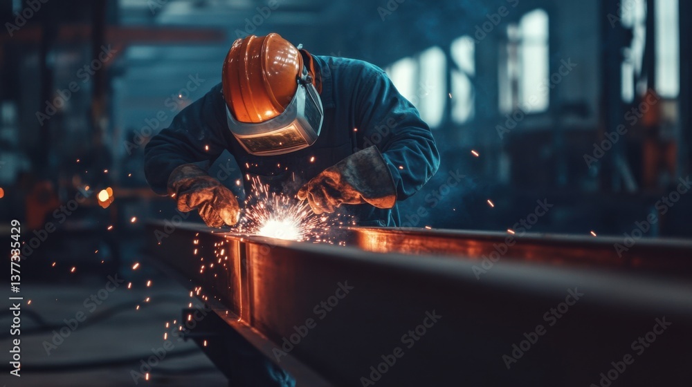 A construction worker welding steel beams together. Featuring skill and concentration A construction worker welding steel beams together. Featuring skill and concentration