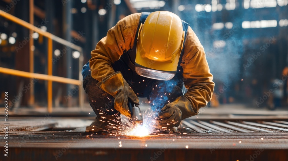 A construction worker welding steel plates together on-site. Featuring skill and concentration A construction worker welding steel plates together on-site. Featuring skill and concentration