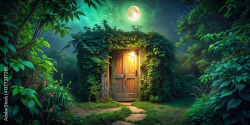 Fototapeta Naklejka Na Ścianę i Meble -  Mysterious Nighttime Doorway Hidden in Lush Jungle Foliage - Stock Photo