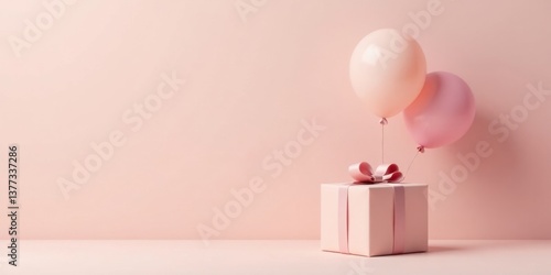 A delicately wrapped present sits adorned with a bow, gently lifted by a pair of pastel balloons against a soft pink background.