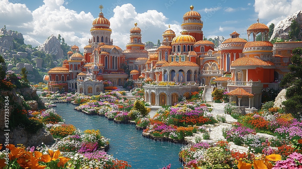 Naklejka premium Vibrant floral landscape with ornate, terracotta buildings and a winding river