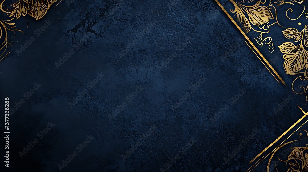 Naklejka premium Elegant Blue Background Featuring Intricate Golden Floral Embellishments