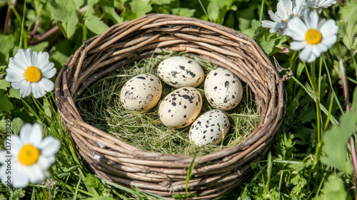 Nesting eggs in natural setting with flowers