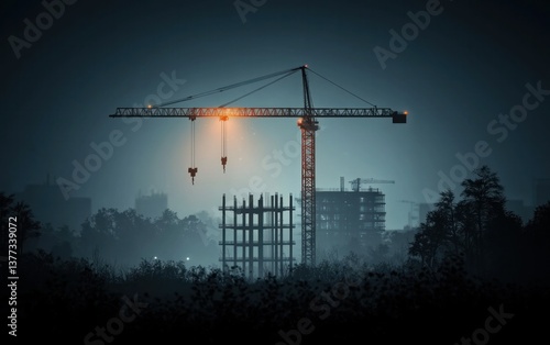 Night scene of a construction crane against a hazy cityscape.  The crane is illuminated, with building structures under construction visible in the background. Dark, moody atmosphere