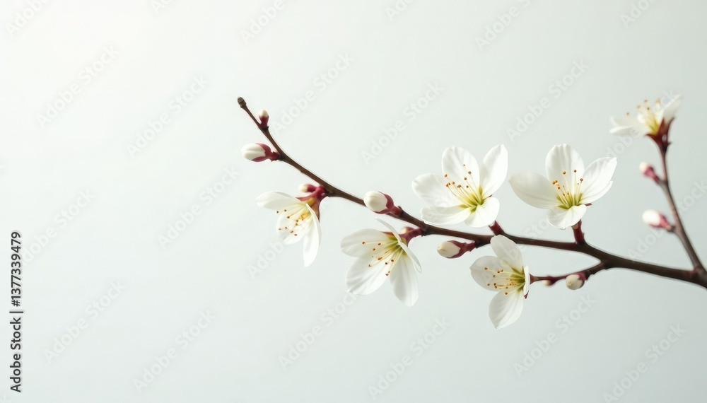 A branch with delicate leaves against a clean white background, white, delicate A branch with delicate leaves against a clean white background, white, delicate
