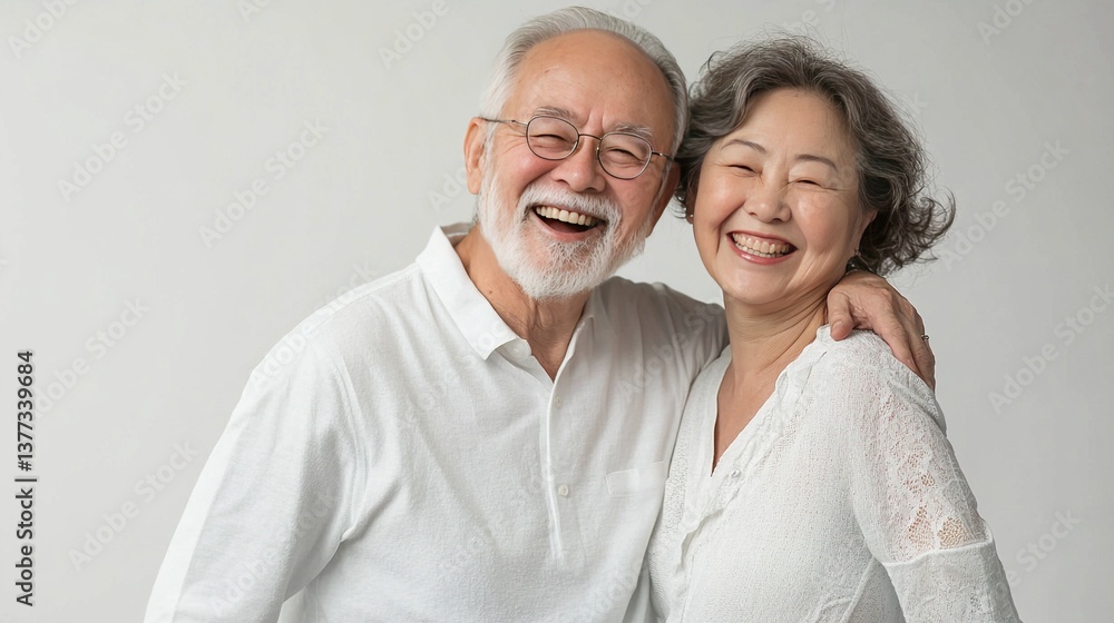 Happy senior Asian couple in white laughing together against grey studio background, vibrant colors and professional lighting highlighting joyful expressions. Happy senior Asian couple in white laughing together against grey studio background, vibrant colors and professional lighting highlighting joyful expressions.