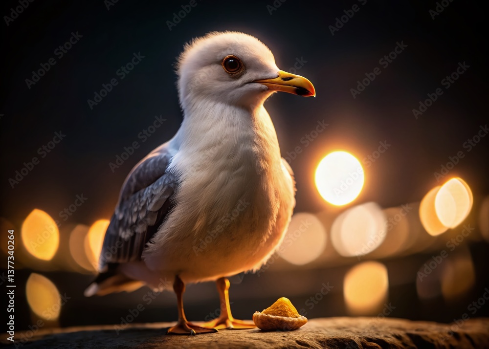 Obraz premium Night Photography: Adorable Seagull Plushie with Chip, Side Profile