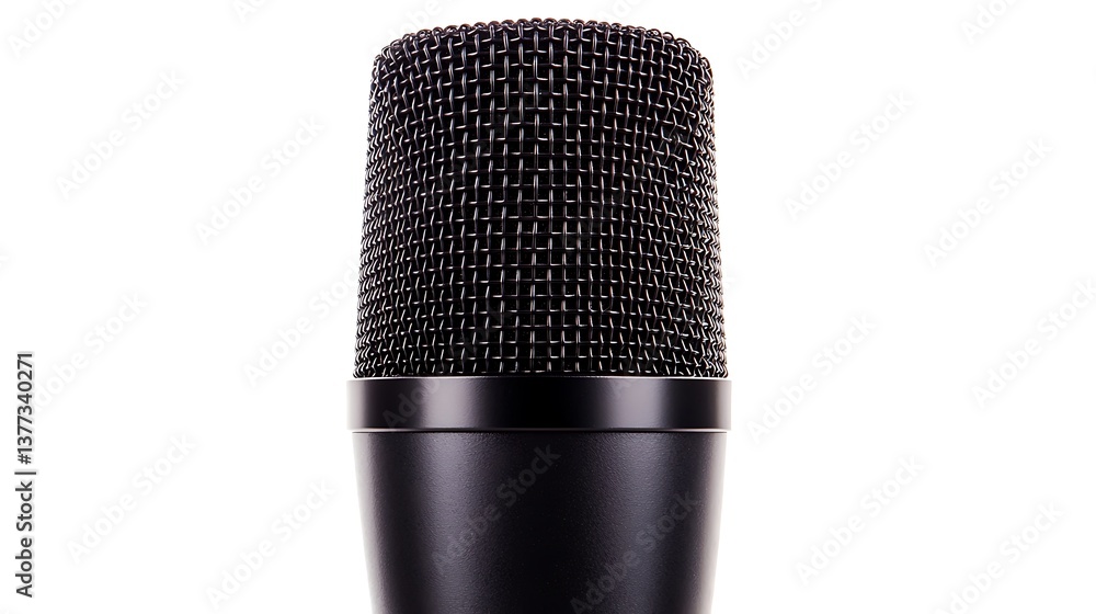 A close-up image of a professional microphone, showcasing its textured mesh grille and sleek black body, ideal for recording and broadcasting. A close-up image of a professional microphone, showcasing its textured mesh grille and sleek black body, ideal for recording and broadcasting.