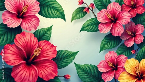 Bold tropical floral pattern, vibrant hibiscus blooms, flower, pattern