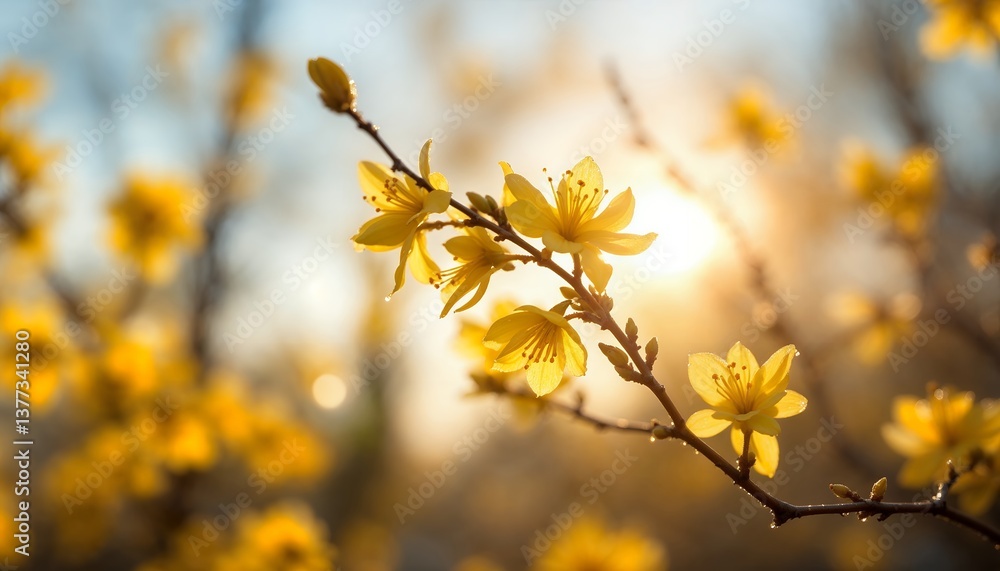 Blooming Yellow Flowers on Branch with Warm Sunlight Glistening Through Blooming Yellow Flowers on Branch with Warm Sunlight Glistening Through