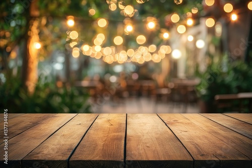 Empty wooden table outdoors at night with warm lighting.  Bokeh background of patio seating area