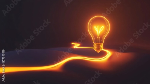 Glowing light bulb on dark background with flowing neon light trail