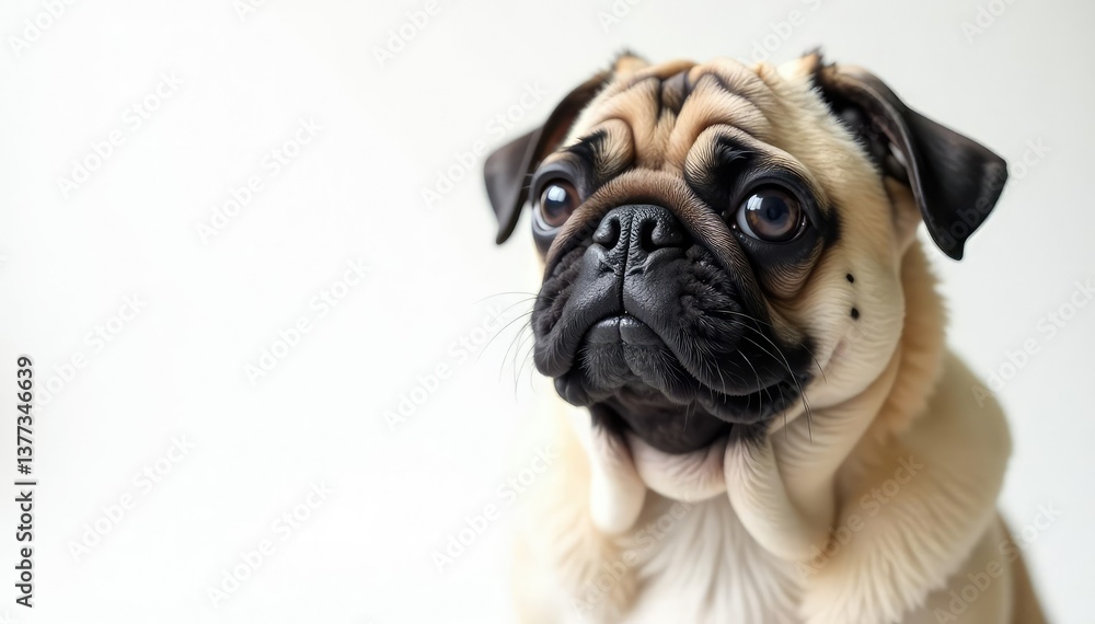 Solo pug, looking at camera, pure white backdrop, animal, isolated, canine Solo pug, looking at camera, pure white backdrop, animal, isolated, canine