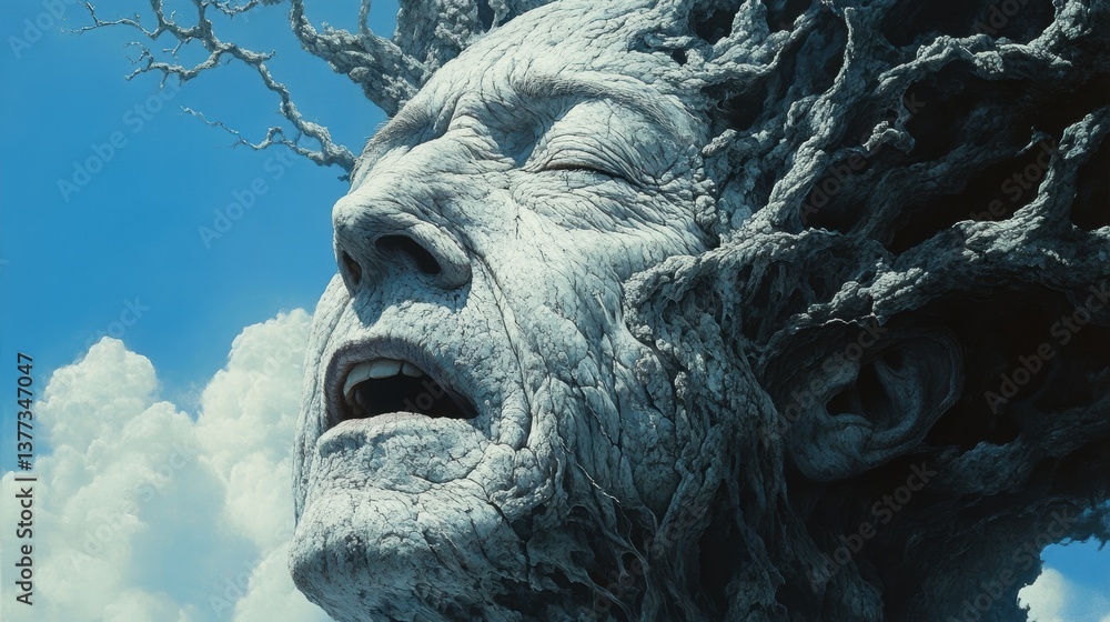 Weathered face, intertwined with tree branches, against a bright sky Weathered face, intertwined with tree branches, against a bright sky