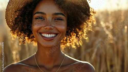 Happy woman with curly hair smiling in a wheat field
