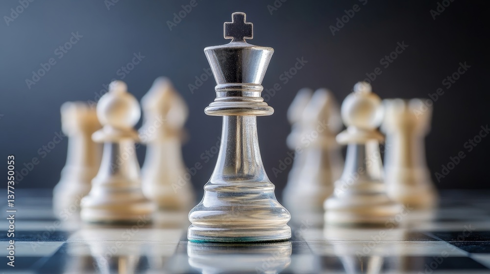Chess pieces on reflective board with focus on king in strategic formation Chess pieces on reflective board with focus on king in strategic formation