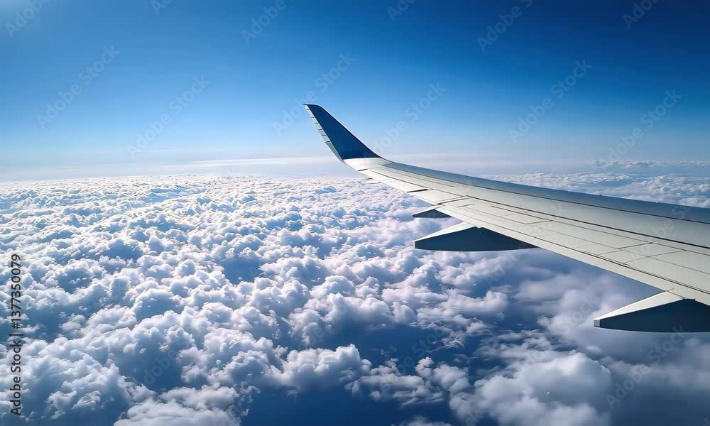 An airplane wing extends over a sea of fluffy white clouds under a clear blue sky, conveying a sense of freedom and adventure. An airplane wing extends over a sea of fluffy white clouds under a clear blue sky, conveying a sense of freedom and adventure.