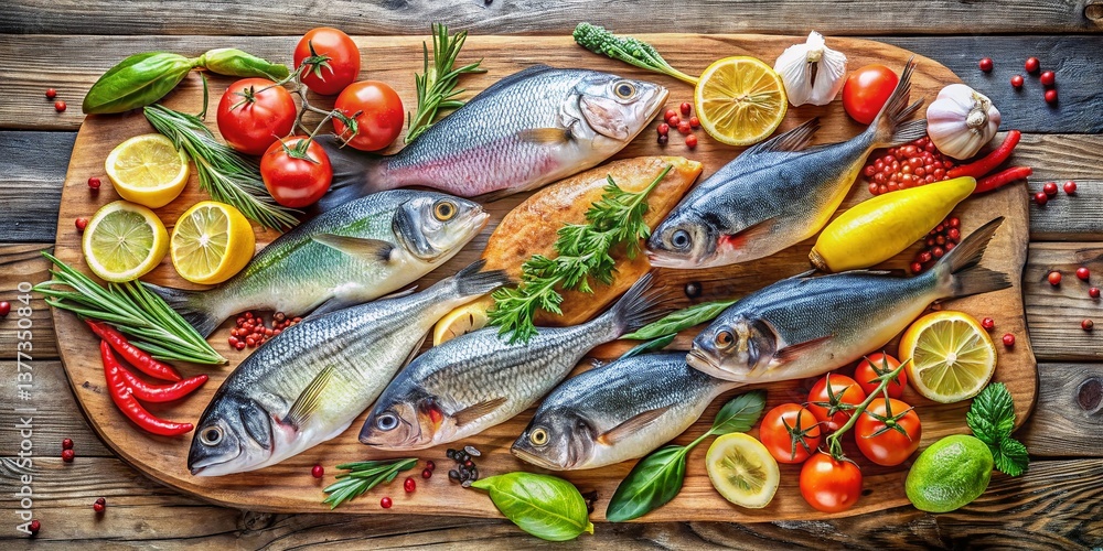 Fototapeta premium Panoramic Fresh Fish on Rustic Wooden Board - Seafood Market Stock Photo
