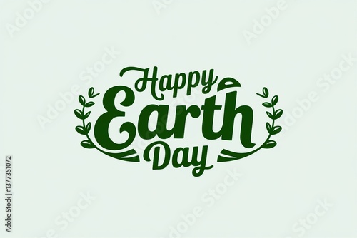 Stylized 'Happy Earth Day' text with green leaves on a light background.