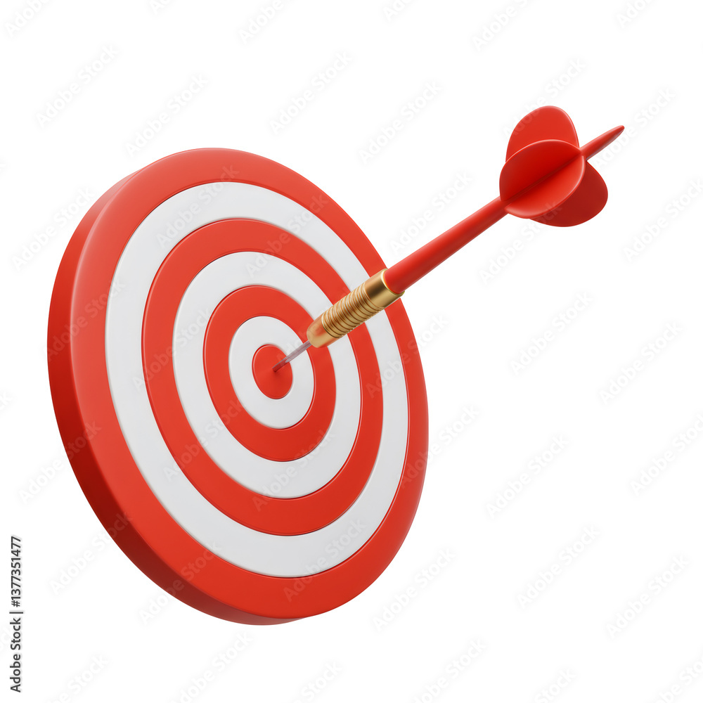 Red And White 3D Rendered Dart Target With Dart Hitting Bullseye Red And White 3D Rendered Dart Target With Dart Hitting Bullseye