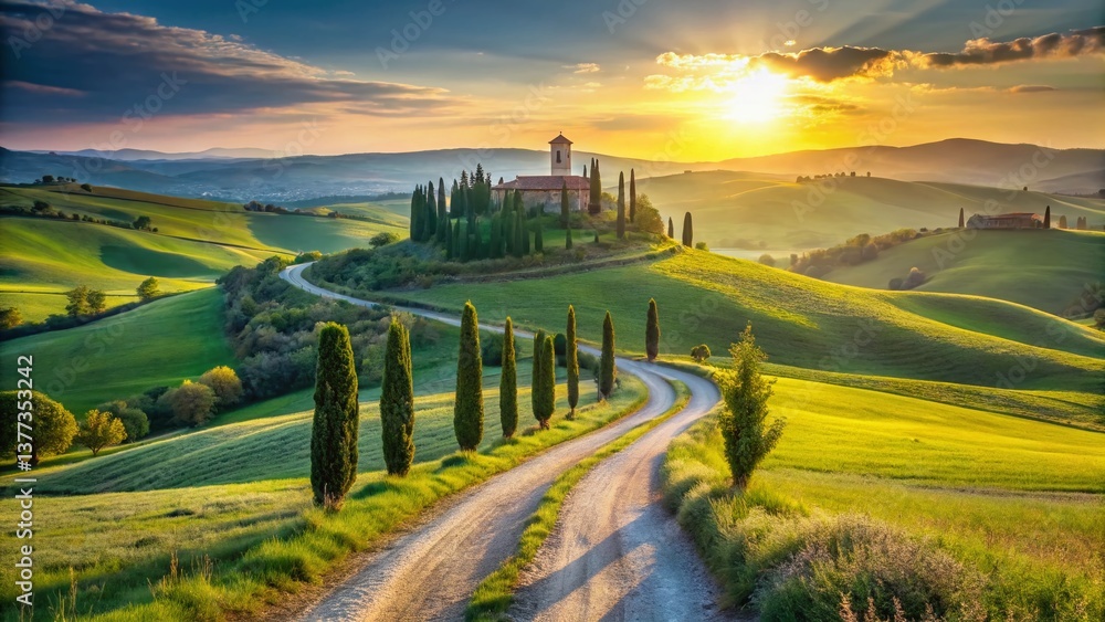 Naklejka premium Panoramic Tuscany Landscape: Cypress Trees and Medieval Tower at San Quirico d'Orcia