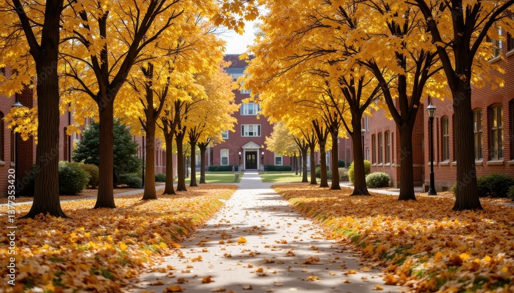 Obraz premium The autumn leaves blanket the sunlit pathway near a brick building in a vibrant campus setting