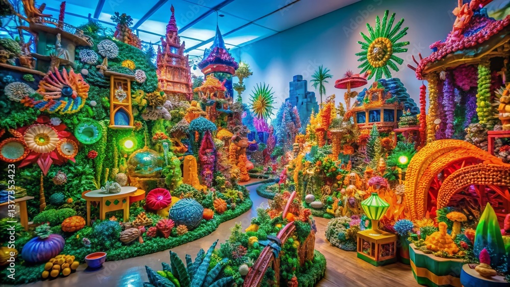 Obraz premium Panoramic View: Artistic Recycled Plastic & Paper Sculptures