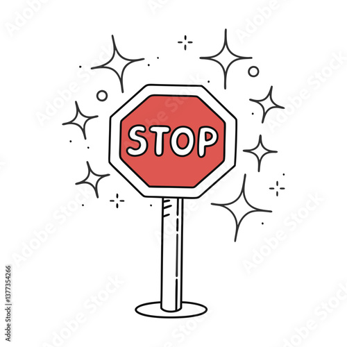 Vector illustration of a red stop sign with sparkles and bold outline, perfect for traffic, safety, and road awareness design projects.
