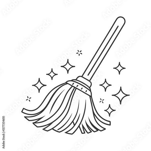 Vector illustration of a traditional mop with sparkles, shown in a clean black and white outline style representing cleanliness and household hygiene.