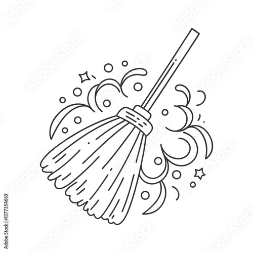 Vector illustration of a broom sweeping with dust and motion lines, drawn in a clean black and white outline style representing cleaning and tidiness.