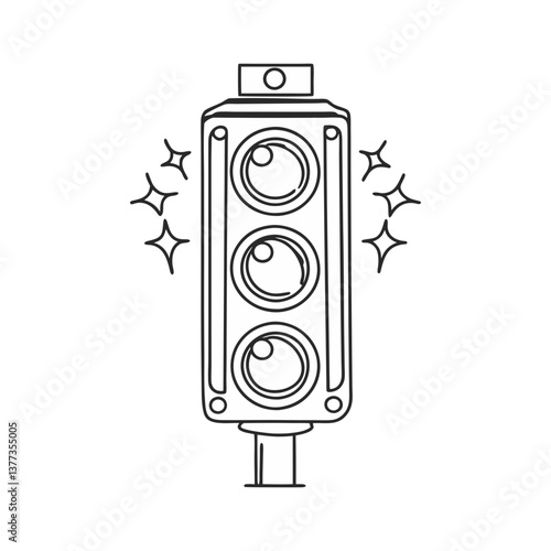 Vector illustration of a traffic light with sparkles in a clean black and white outline style, symbolizing road safety and regulation.