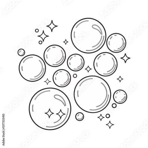 Vector illustration of floating soap bubbles with sparkles in a clean black and white outline style, representing freshness and cleanliness.