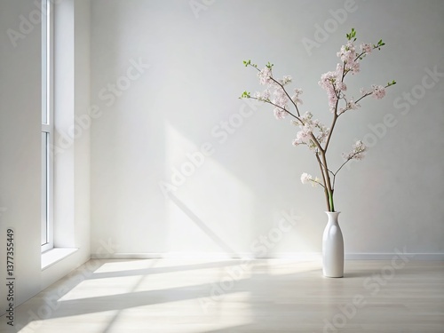 Panoramic View: Single Flower Branch in Empty Room Vase