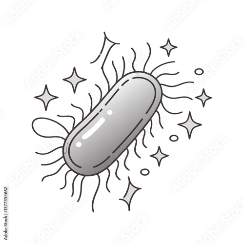 Vector illustration of a single bacterium with flagella and sparkles, shown in a clean black and white outline style with minimal shading.