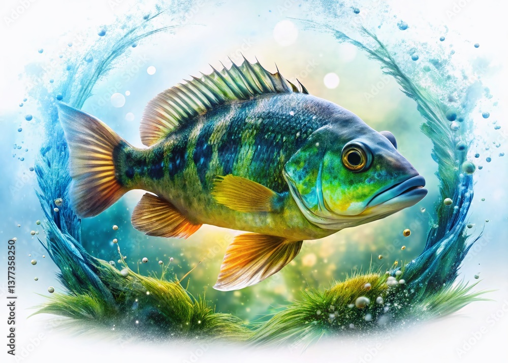 Fototapeta premium Peacock Bass Aquarium Close-Up: Double Exposure Cichla Intermedia