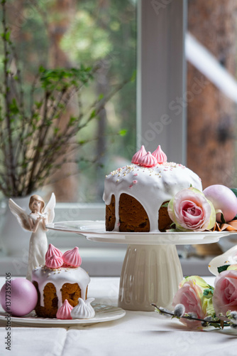 Easter. Easter cake and painted eggs on the festive table.
