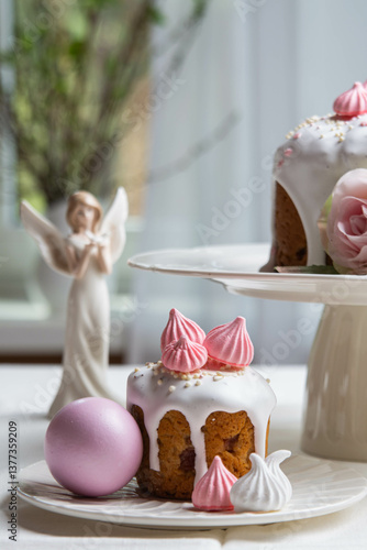 Easter. Easter cake and painted eggs on the festive table.