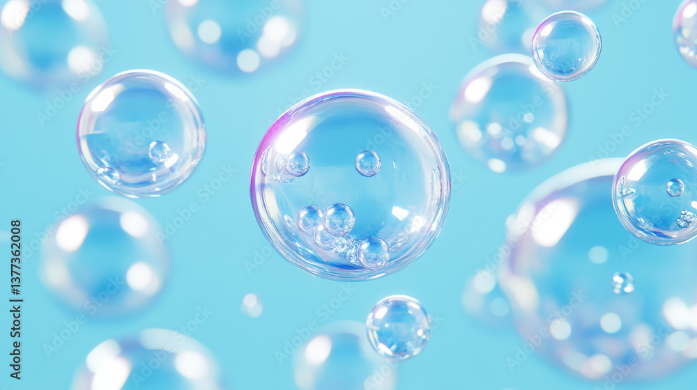 Bubbles floating in blue background create serene atmosphere Bubbles floating in blue background create serene atmosphere
